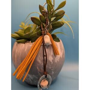 Handmade Boho Western Bag Charm Keychain with Mustard Yellow Tassel Horseshoe